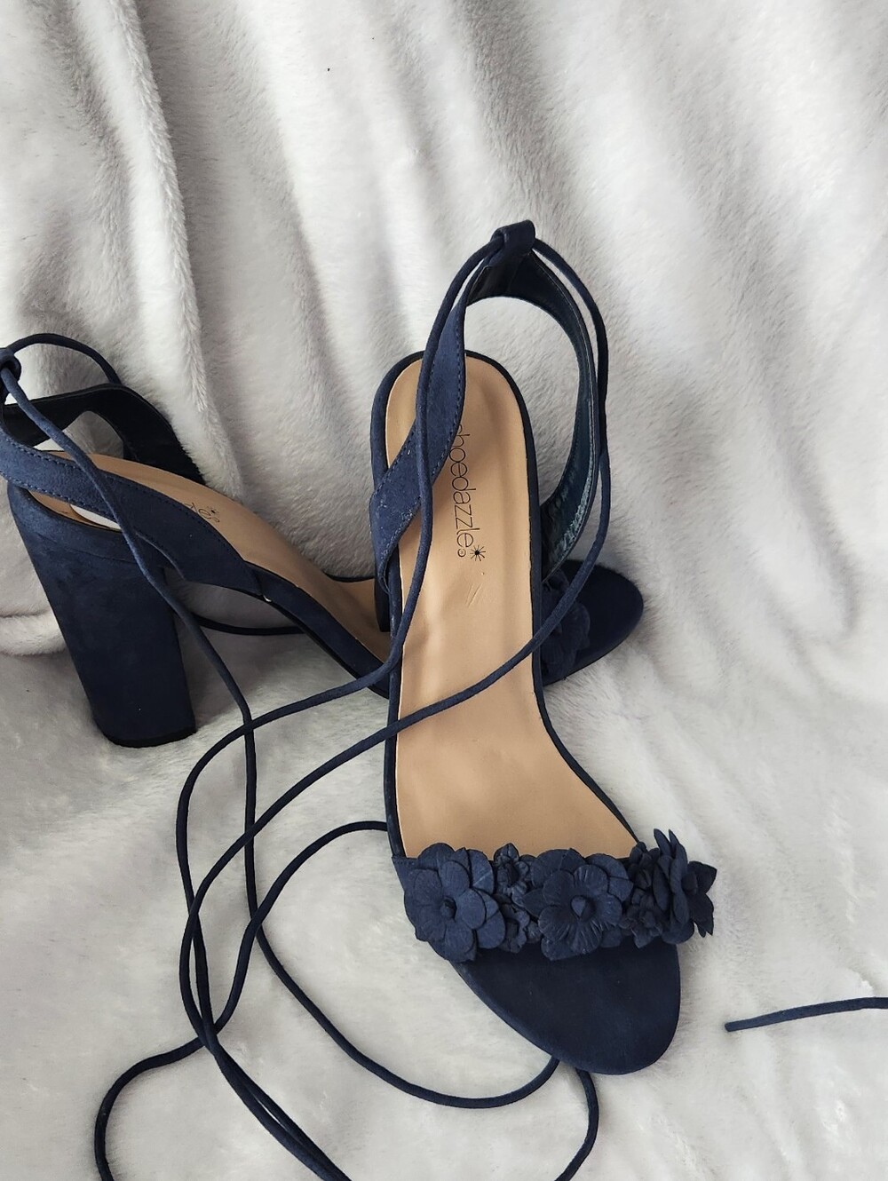 Shoe Dazzle Navy Floral Lace-Up Block Heels